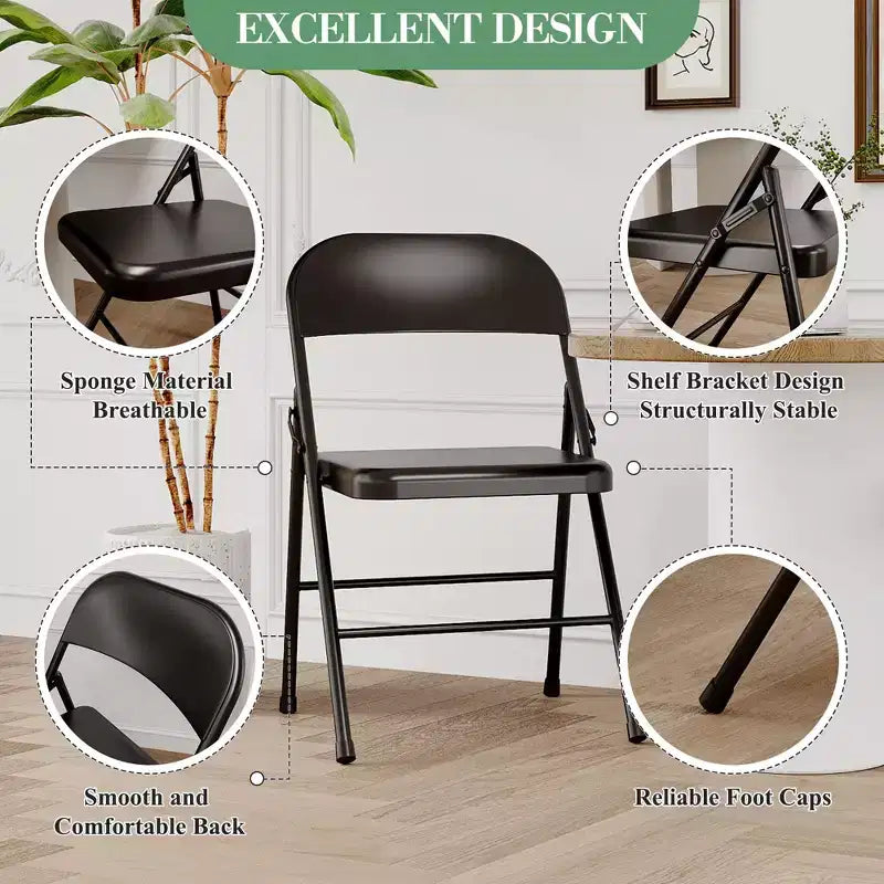 Chaises pliantes en métal avec dossier, chaises en métal avec cadre en acier durable, siège empilable portable intérieur extérieur, pour bureau à domicile, lot de 4