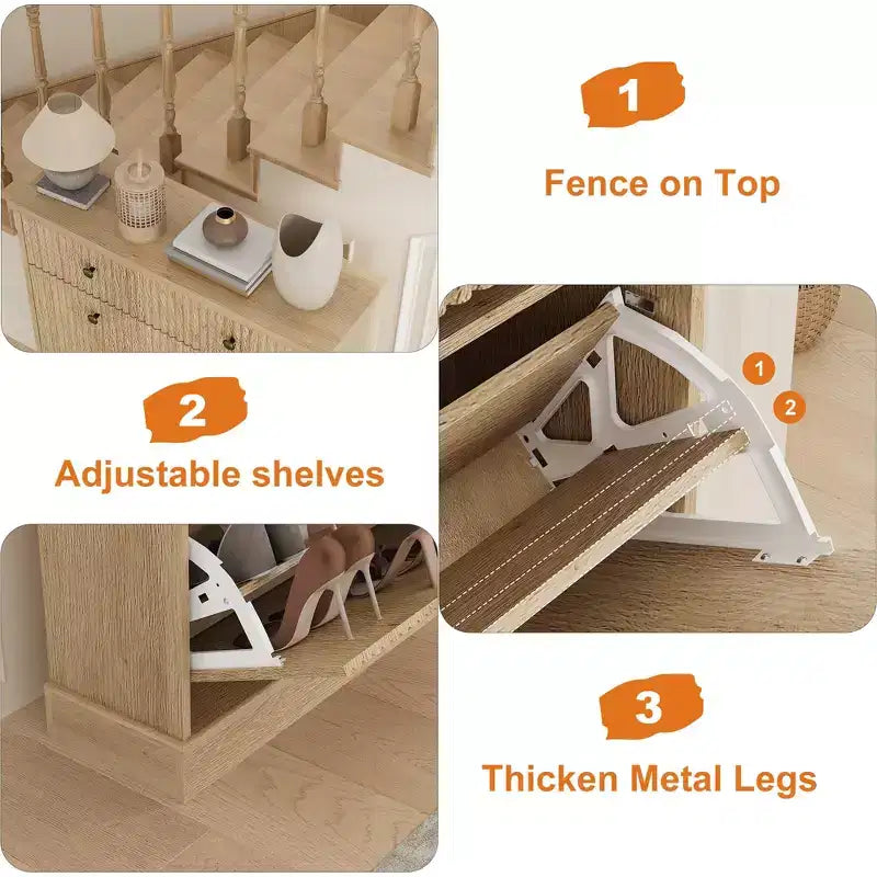 Meuble à chaussures avec 2 tiroirs basculants, meuble à chaussures en bois cannelé dissimulé avec 1 tiroir supérieur, organiseur de chaussures étroit autoportant pour couloir,
