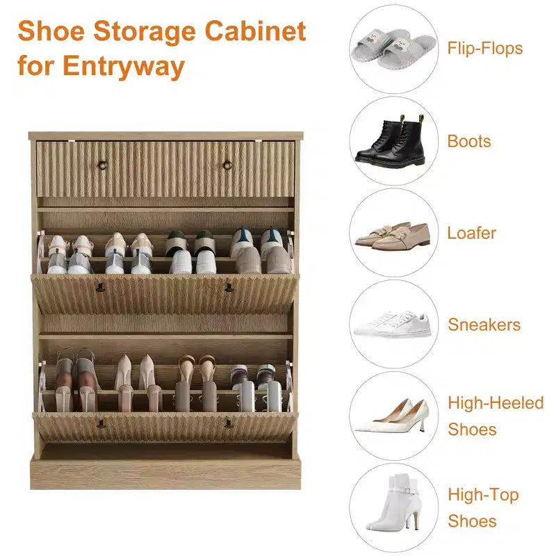 Meuble à chaussures avec 2 tiroirs basculants, meuble à chaussures en bois cannelé dissimulé avec 1 tiroir supérieur, organiseur de chaussures étroit autoportant pour couloir,