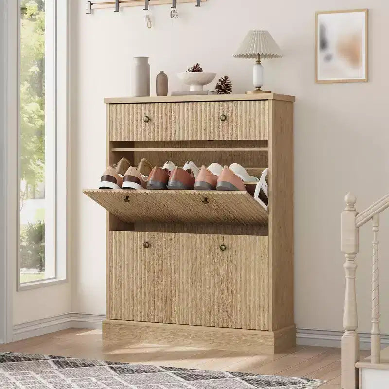 Meuble à chaussures avec 2 tiroirs basculants, meuble à chaussures en bois cannelé dissimulé avec 1 tiroir supérieur, organiseur de chaussures étroit autoportant pour couloir,