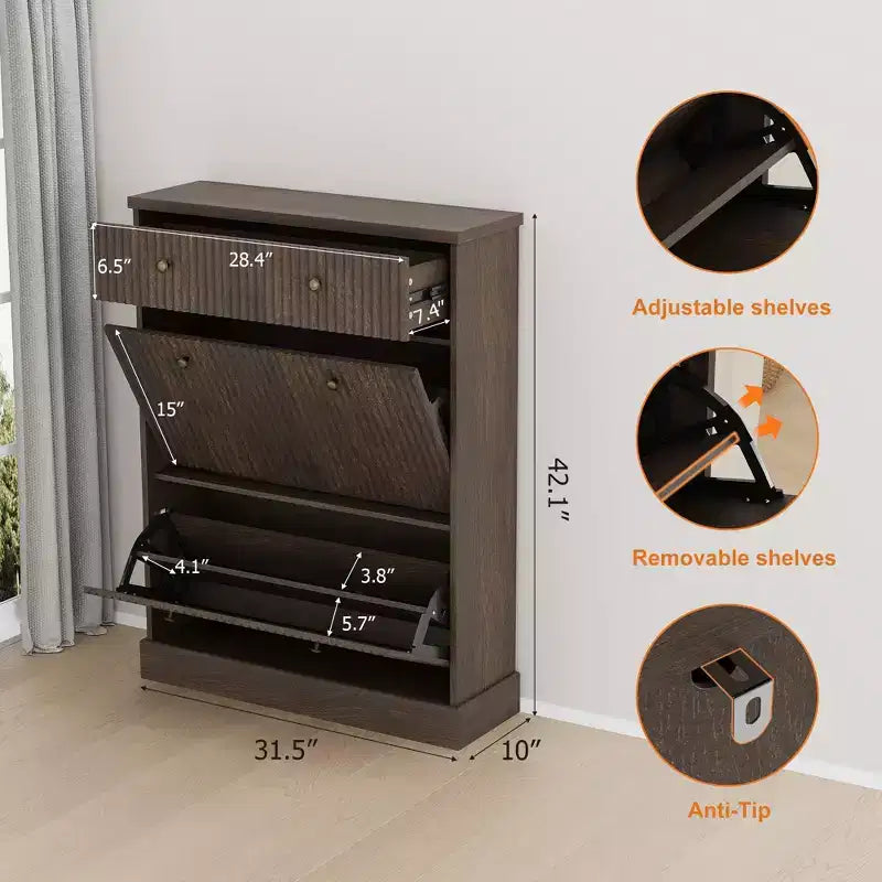 Meuble à chaussures avec 2 tiroirs basculants, meuble à chaussures en bois cannelé dissimulé avec 1 tiroir supérieur, organiseur de chaussures étroit autoportant pour couloir,