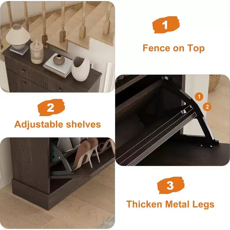 Meuble à chaussures avec 2 tiroirs basculants, meuble à chaussures en bois cannelé dissimulé avec 1 tiroir supérieur, organiseur de chaussures étroit autoportant pour couloir,