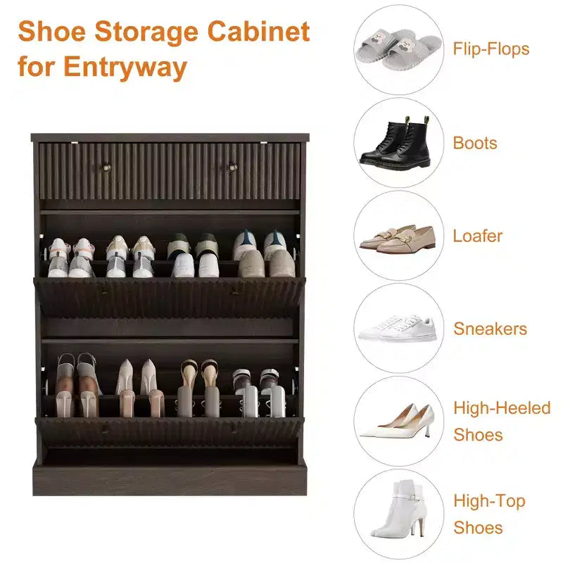 Meuble à chaussures avec 2 tiroirs basculants, meuble à chaussures en bois cannelé dissimulé avec 1 tiroir supérieur, organiseur de chaussures étroit autoportant pour couloir,
