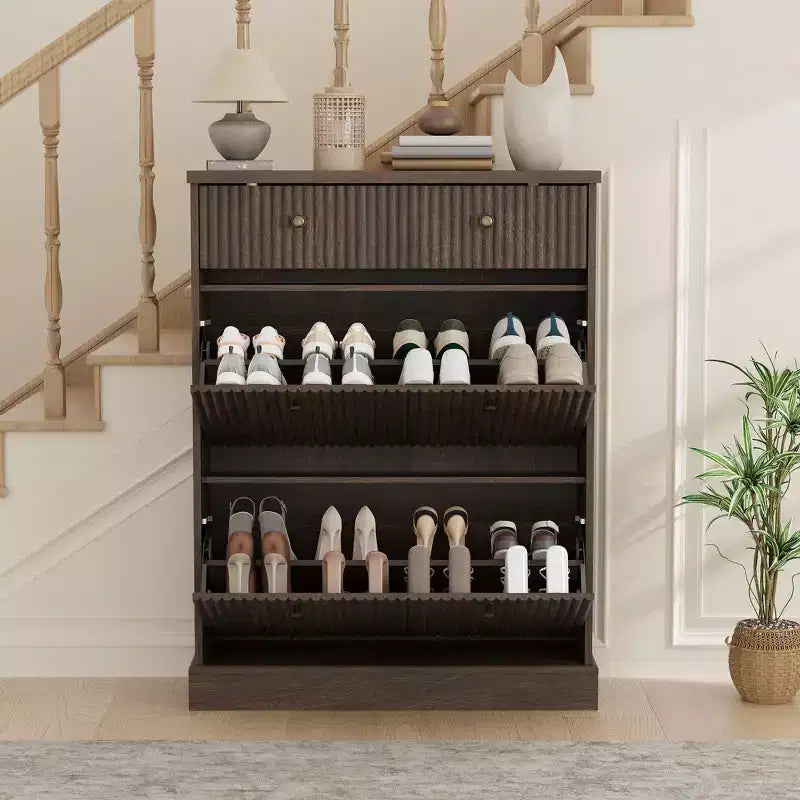 Meuble à chaussures avec 2 tiroirs basculants, meuble à chaussures en bois cannelé dissimulé avec 1 tiroir supérieur, organiseur de chaussures étroit autoportant pour couloir,