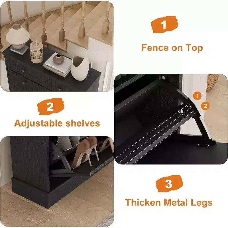 Meuble à chaussures avec 2 tiroirs basculants, meuble à chaussures en bois cannelé dissimulé avec 1 tiroir supérieur, organiseur de chaussures étroit autoportant pour couloir,
