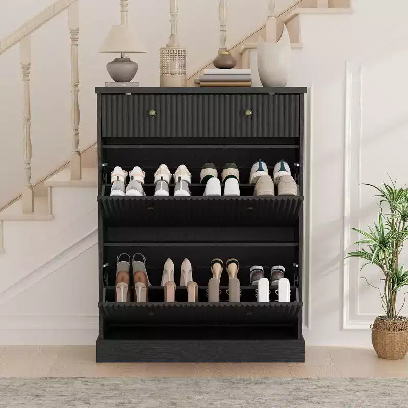 Meuble à chaussures avec 2 tiroirs basculants, meuble à chaussures en bois cannelé dissimulé avec 1 tiroir supérieur, organiseur de chaussures étroit autoportant pour couloir,