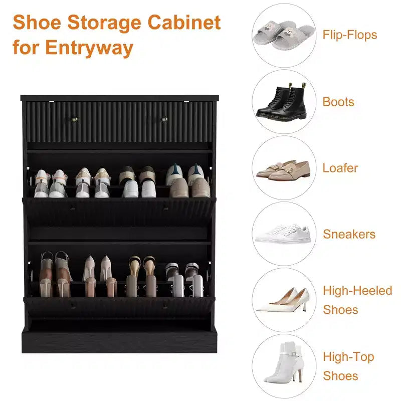 Meuble à chaussures avec 2 tiroirs basculants, meuble à chaussures en bois cannelé dissimulé avec 1 tiroir supérieur, organiseur de chaussures étroit autoportant pour couloir,