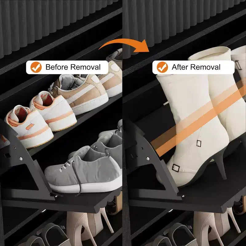 Meuble à chaussures avec 2 tiroirs basculants, meuble à chaussures en bois cannelé dissimulé avec 1 tiroir supérieur, organiseur de chaussures étroit autoportant pour couloir,