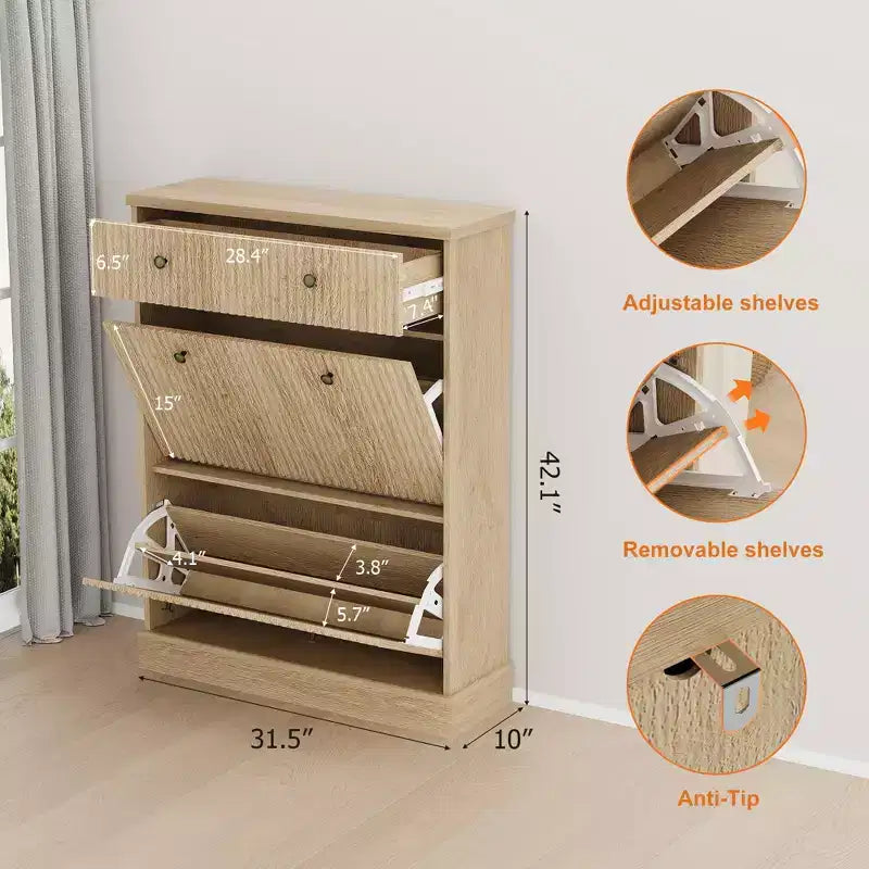 Meuble à chaussures avec 2 tiroirs basculants, meuble à chaussures en bois cannelé dissimulé avec 1 tiroir supérieur, organiseur de chaussures étroit autoportant pour couloir,