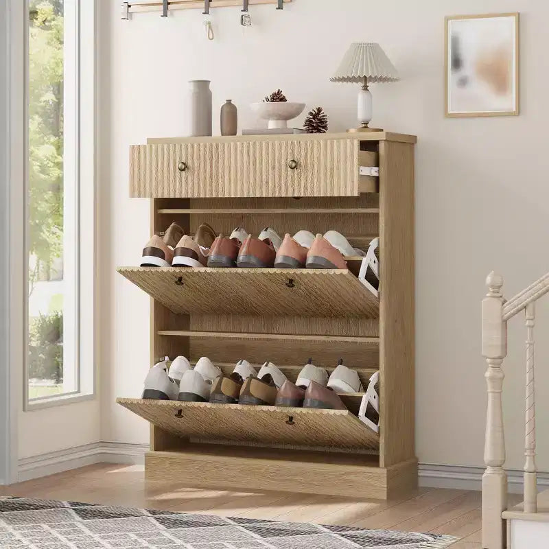 Meuble à chaussures avec 2 tiroirs basculants, meuble à chaussures en bois cannelé dissimulé avec 1 tiroir supérieur, organiseur de chaussures étroit autoportant pour couloir,