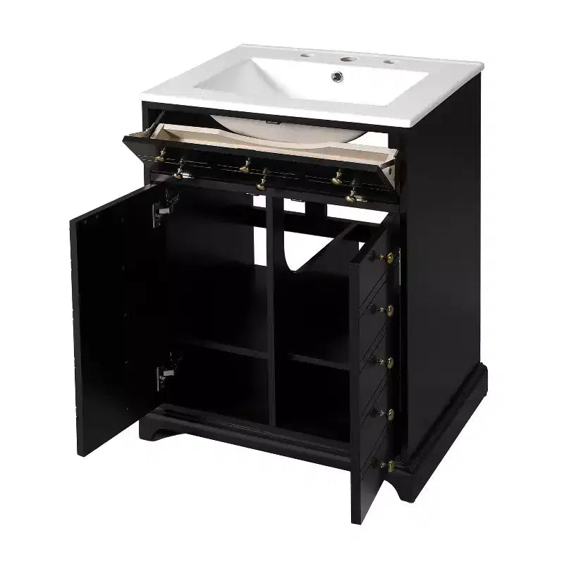 Meuble-lavabo de salle de bain compact 24 po avec portes à fermeture douce, meuble de rangement, simple vasque, noir