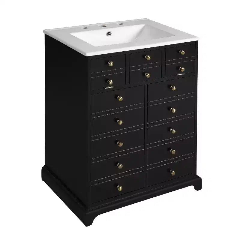 Meuble-lavabo de salle de bain compact 24 po avec portes à fermeture douce, meuble de rangement, simple vasque, noir