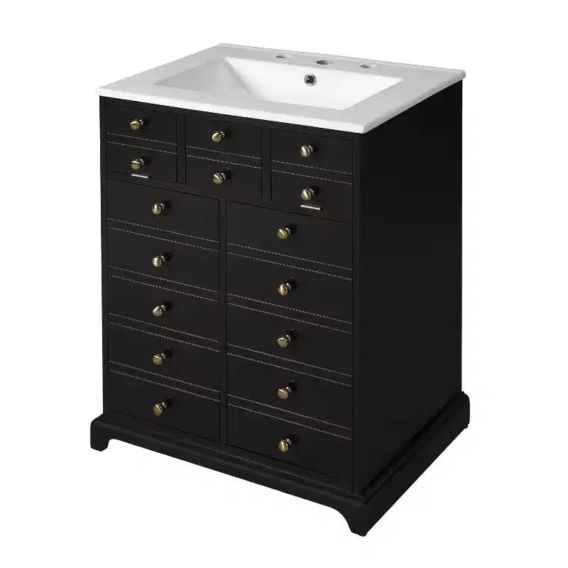 Meuble-lavabo de salle de bain compact 24 po avec portes à fermeture douce, meuble de rangement, simple vasque, noir