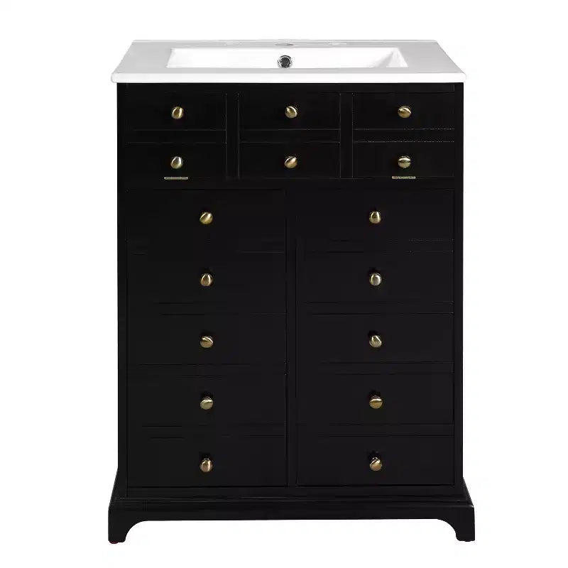 Meuble-lavabo de salle de bain compact 24 po avec portes à fermeture douce, meuble de rangement, simple vasque, noir