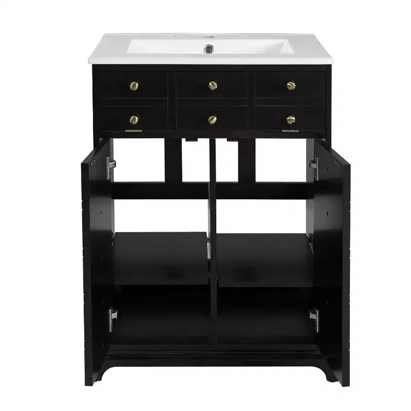 Meuble-lavabo de salle de bain compact 24 po avec portes à fermeture douce, meuble de rangement, simple vasque, noir