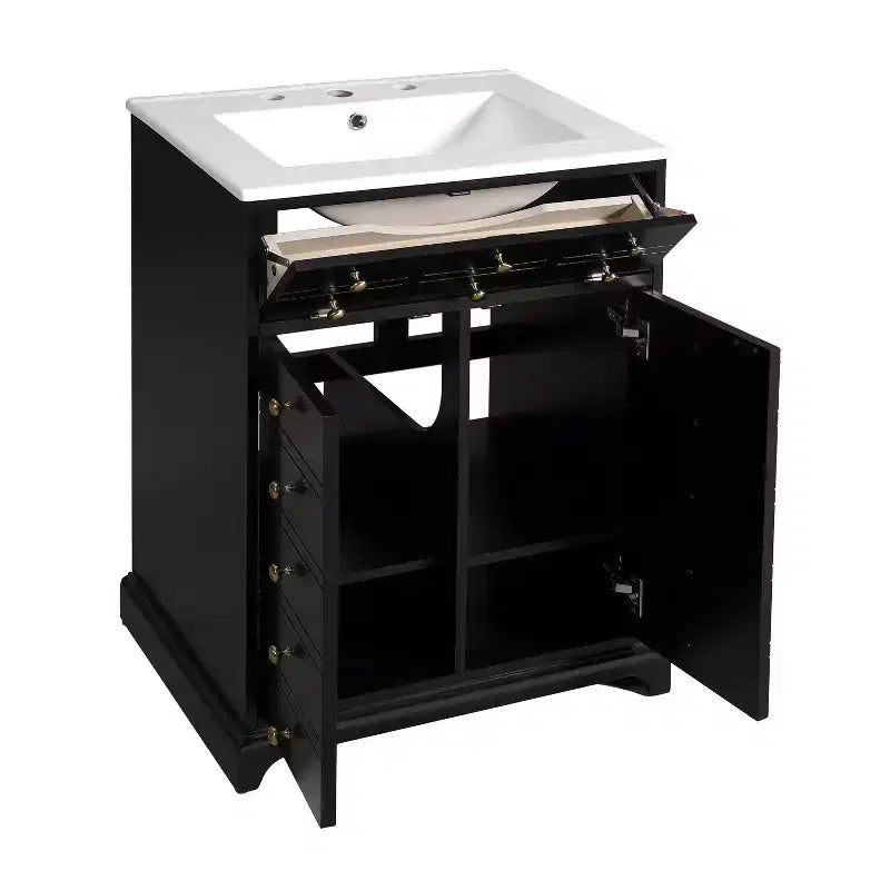 Meuble-lavabo de salle de bain compact 24 po avec portes à fermeture douce, meuble de rangement, simple vasque, noir