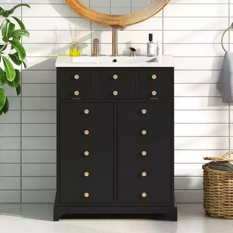Meuble-lavabo de salle de bain compact 24 po avec portes à fermeture douce, meuble de rangement, simple vasque, noir