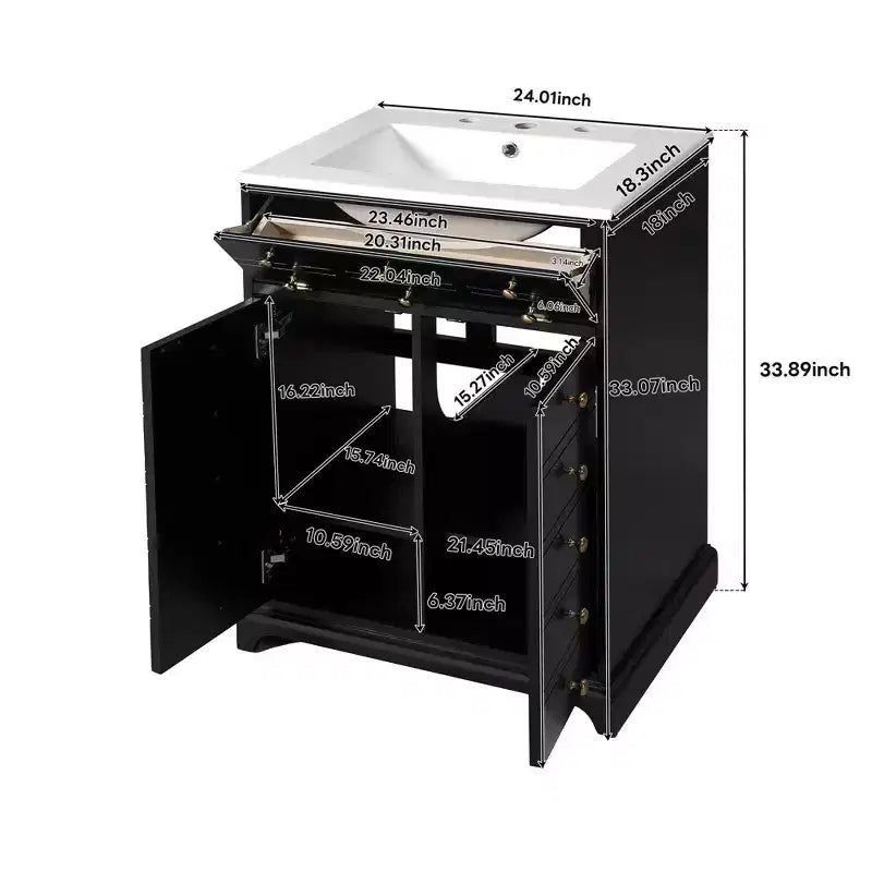 Meuble-lavabo de salle de bain compact 24 po avec portes à fermeture douce, meuble de rangement, simple vasque, noir