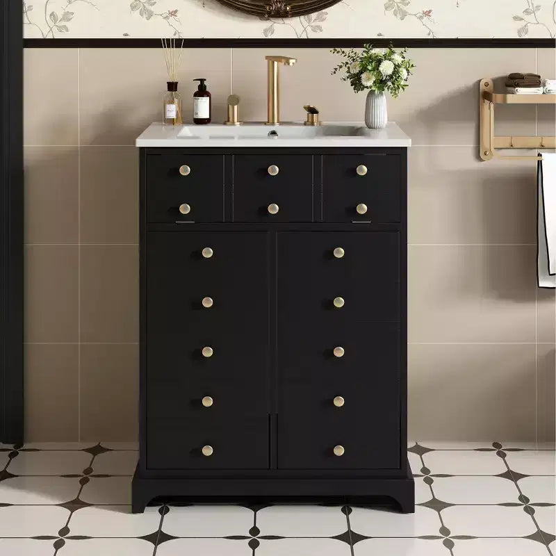 Meuble-lavabo de salle de bain compact 24 po avec portes à fermeture douce, meuble de rangement, simple vasque, noir