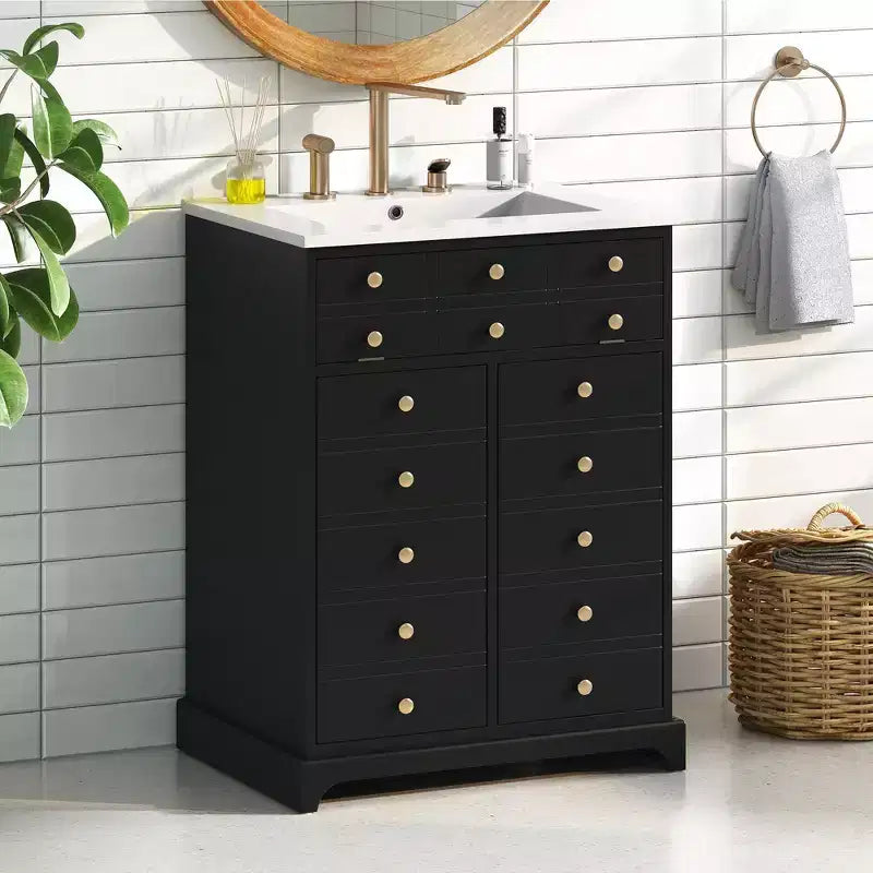 Meuble-lavabo de salle de bain compact 24 po avec portes à fermeture douce, meuble de rangement, simple vasque, noir