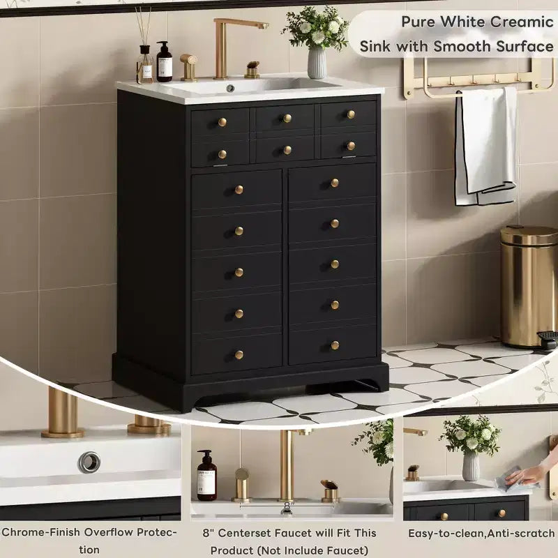 Meuble-lavabo de salle de bain compact 24 po avec portes à fermeture douce, meuble de rangement, simple vasque, noir