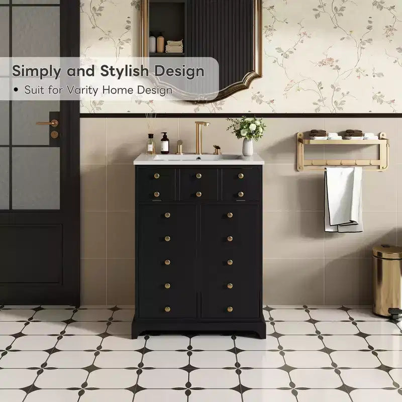 Meuble-lavabo de salle de bain compact 24 po avec portes à fermeture douce, meuble de rangement, simple vasque, noir