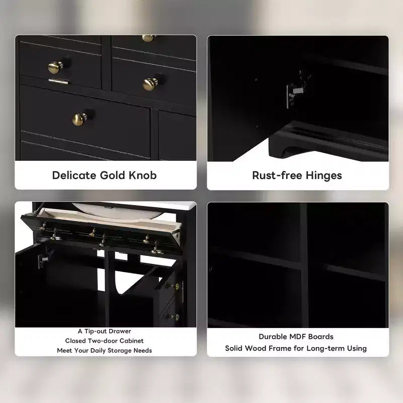 Meuble-lavabo de salle de bain compact 24 po avec portes à fermeture douce, meuble de rangement, simple vasque, noir