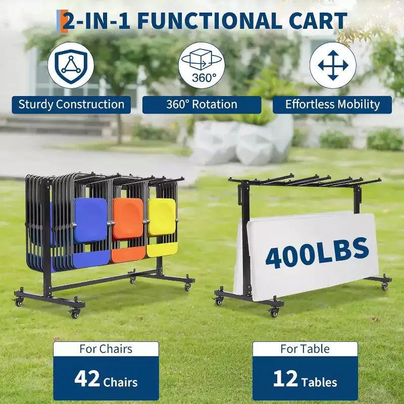 Chariot de rangement pliable à un niveau pour 42/84 chaises ou 12 tables, avec roues en caoutchouc et housse anti-poussière