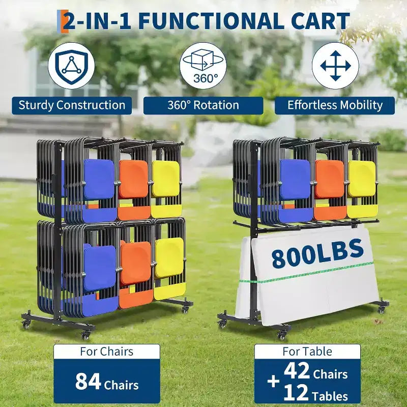 Chariot de rangement pliable à un niveau pour 42/84 chaises ou 12 tables, avec roues en caoutchouc et housse anti-poussière