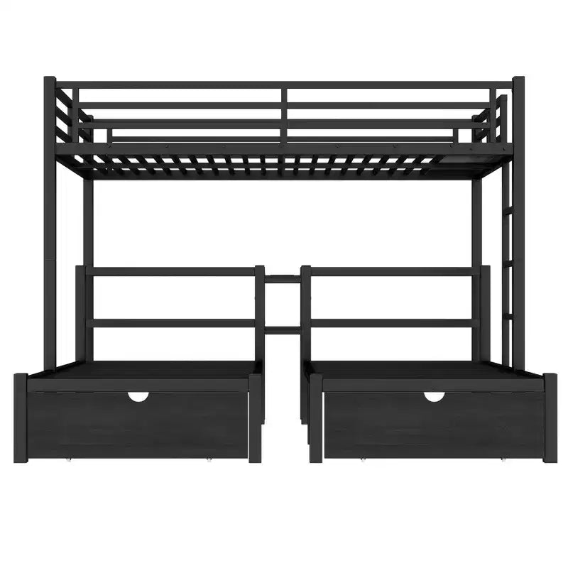 Lit superposé triple en métal avec tiroirs, étagères et port USB, lit superposé multifonctionnel et peu encombrant pour les familles, noir