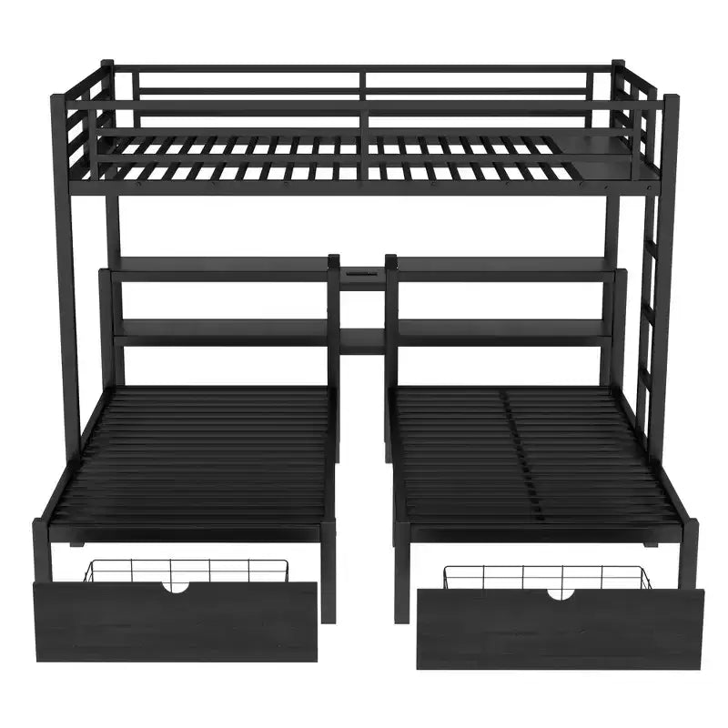 Lit superposé triple en métal avec tiroirs, étagères et port USB, lit superposé multifonctionnel et peu encombrant pour les familles, noir