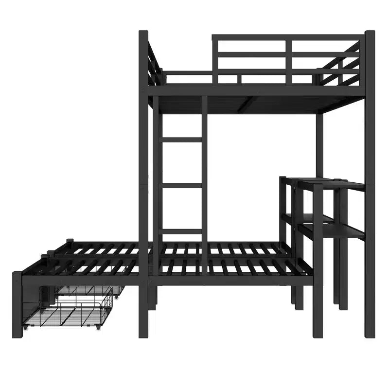 Lit superposé triple en métal avec tiroirs, étagères et port USB, lit superposé multifonctionnel et peu encombrant pour les familles, noir
