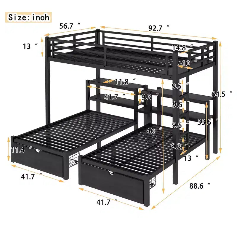 Lit superposé triple en métal avec tiroirs, étagères et port USB, lit superposé multifonctionnel et peu encombrant pour les familles, noir