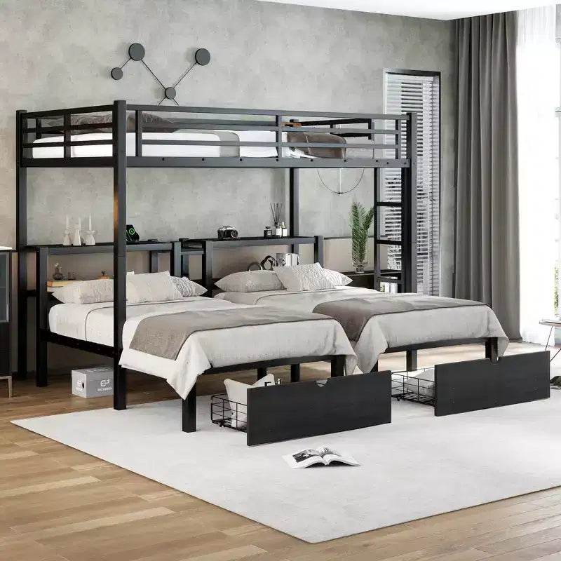 Lit superposé triple en métal avec tiroirs, étagères et port USB, lit superposé multifonctionnel et peu encombrant pour les familles, noir