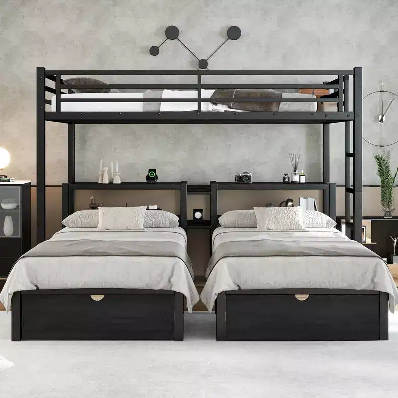 Lit superposé triple en métal avec tiroirs, étagères et port USB, lit superposé multifonctionnel et peu encombrant pour les familles, noir