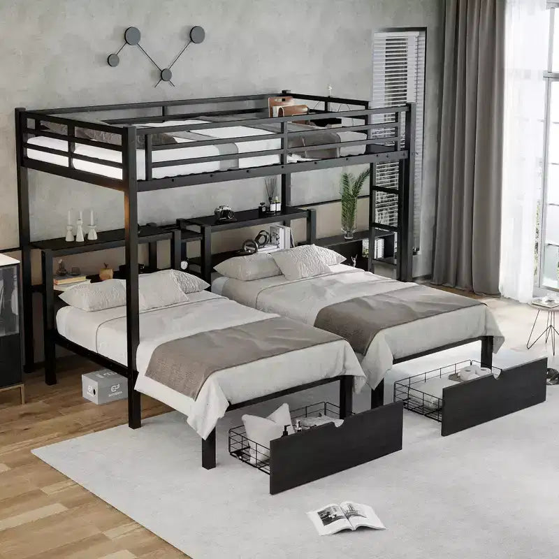 Lit superposé triple en métal avec tiroirs, étagères et port USB, lit superposé multifonctionnel et peu encombrant pour les familles, noir