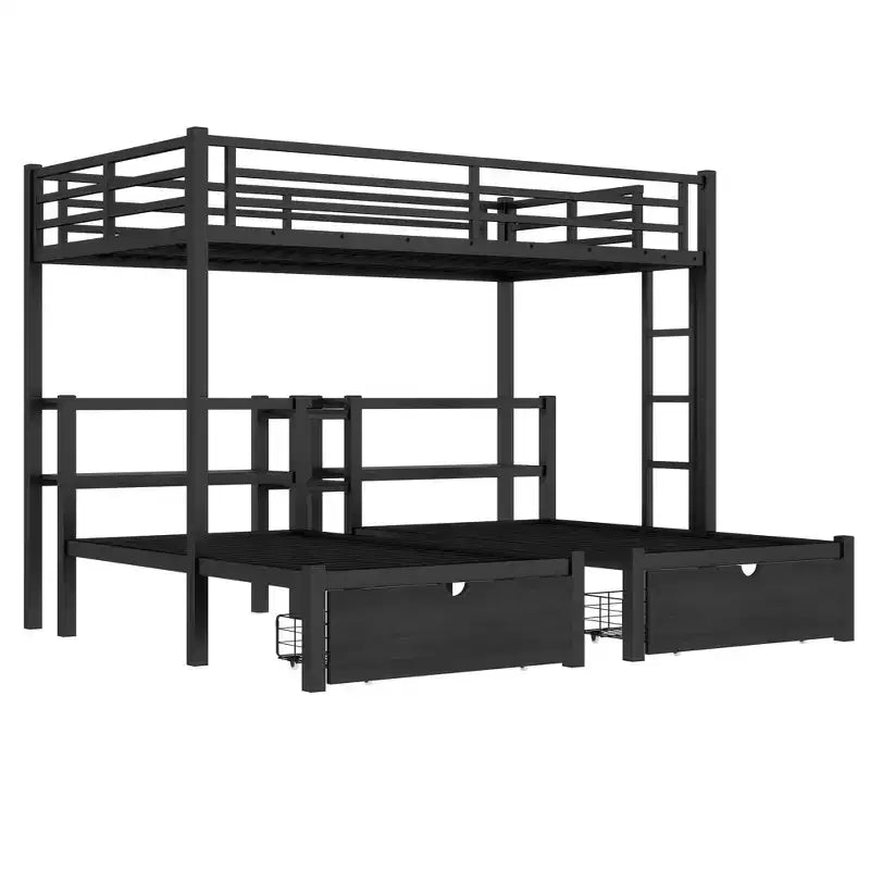 Lit superposé triple en métal avec tiroirs, étagères et port USB, lit superposé multifonctionnel et peu encombrant pour les familles, noir