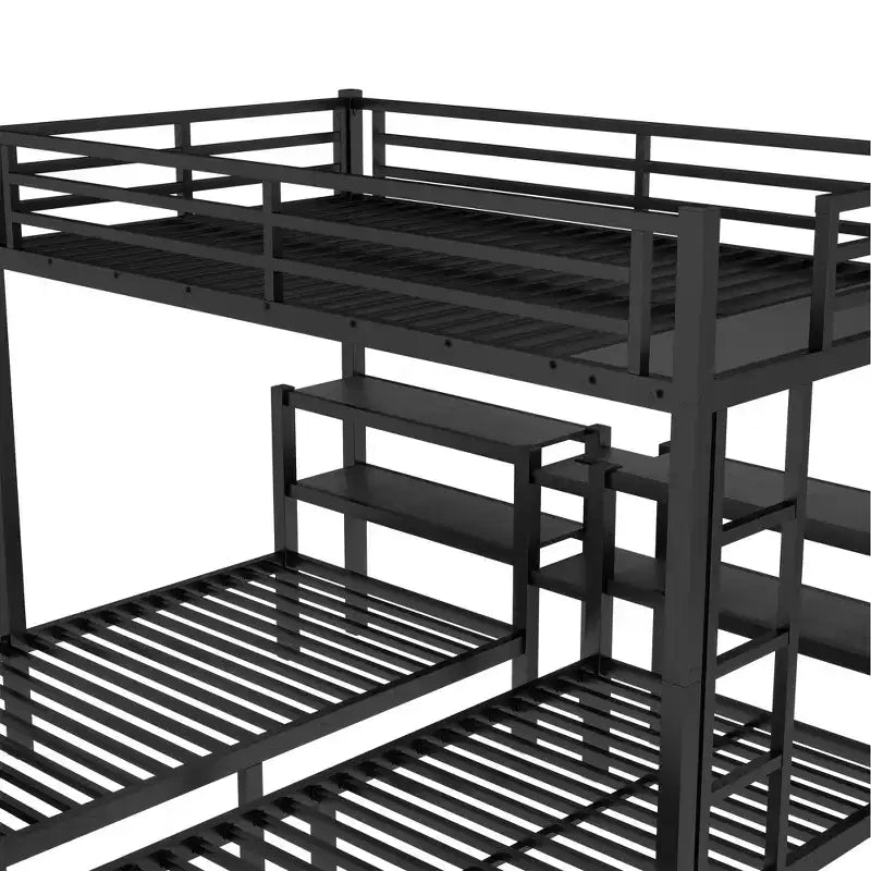 Lit superposé triple en métal avec tiroirs, étagères et port USB, lit superposé multifonctionnel et peu encombrant pour les familles, noir