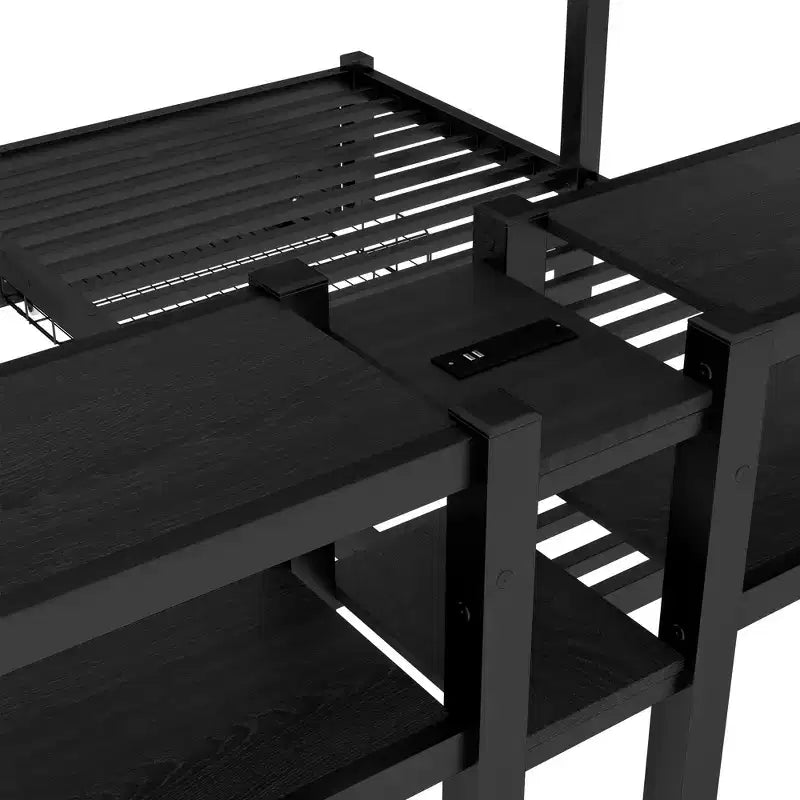 Lit superposé triple en métal avec tiroirs, étagères et port USB, lit superposé multifonctionnel et peu encombrant pour les familles, noir