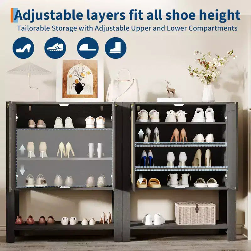 Meuble à chaussures en rotin, meuble à chaussures autoportant en bois de style ferme de 101,6 cm de haut avec étagères réglables et étagère ouverte pour entrée, chêne gris