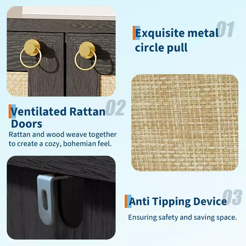 Meuble à chaussures en rotin, meuble à chaussures autoportant en bois de style ferme de 101,6 cm de haut avec étagères réglables et étagère ouverte pour entrée, chêne gris