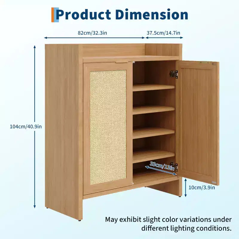 Meuble à chaussures en rotin, meuble à chaussures autoportant en bois de style ferme de 101,6 cm de haut avec étagères réglables et étagère ouverte pour entrée, chêne gris