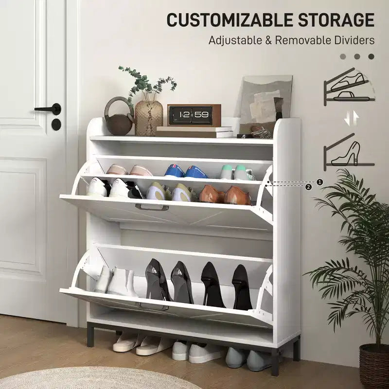 Meuble à chaussures avec 2 tiroirs abattants, pieds, meuble à chaussures étroit pour entrée, couloir