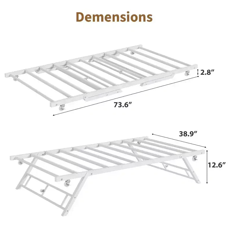 Cadre de lit gigogne une place avec roulettes verrouillables, design escamotable, support à lattes en acier, lit plateforme silencieux, solution peu encombrante