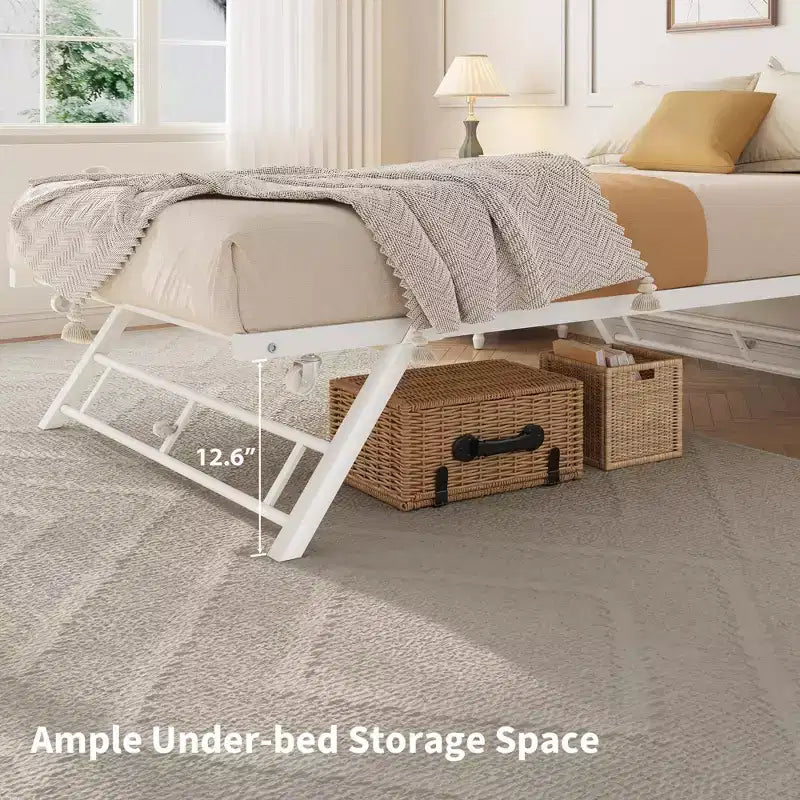 Cadre de lit gigogne une place avec roulettes verrouillables, design escamotable, support à lattes en acier, lit plateforme silencieux, solution peu encombrante