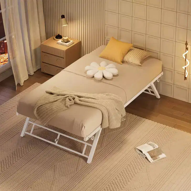Cadre de lit gigogne une place avec roulettes verrouillables, design escamotable, support à lattes en acier, lit plateforme silencieux, solution peu encombrante