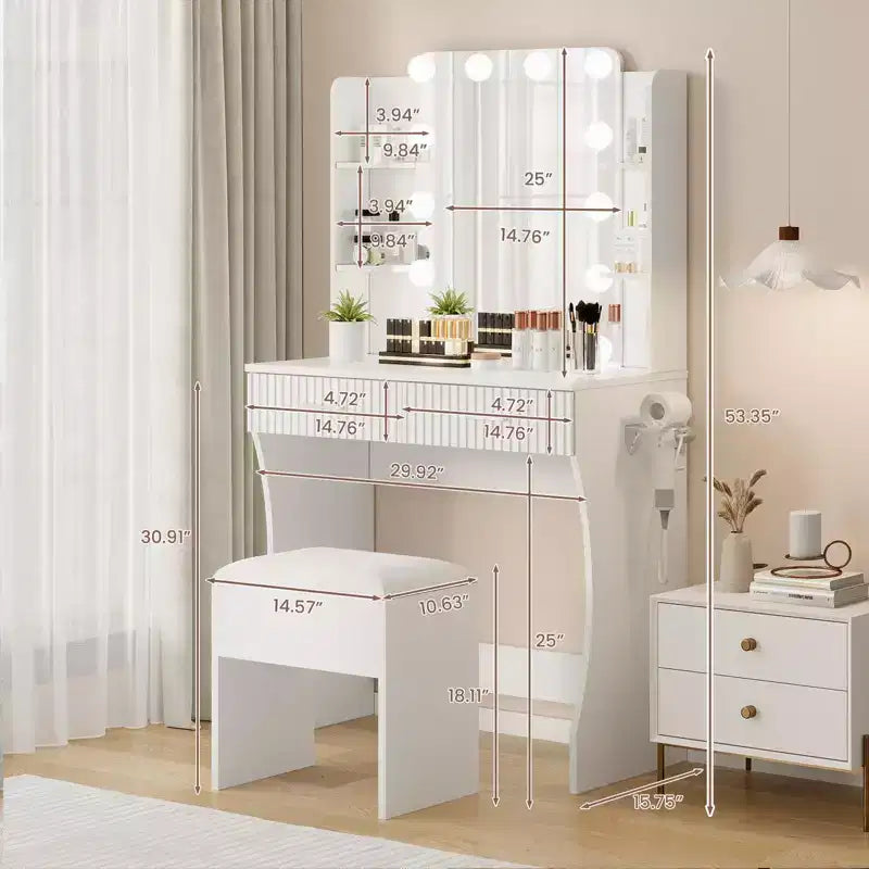 Coiffeuse avec miroir et lumières, table de maquillage avec 2 tiroirs, 6 étagères, support pour sèche-cheveux et tabouret, meuble de coiffeuse pour chambre à coucher