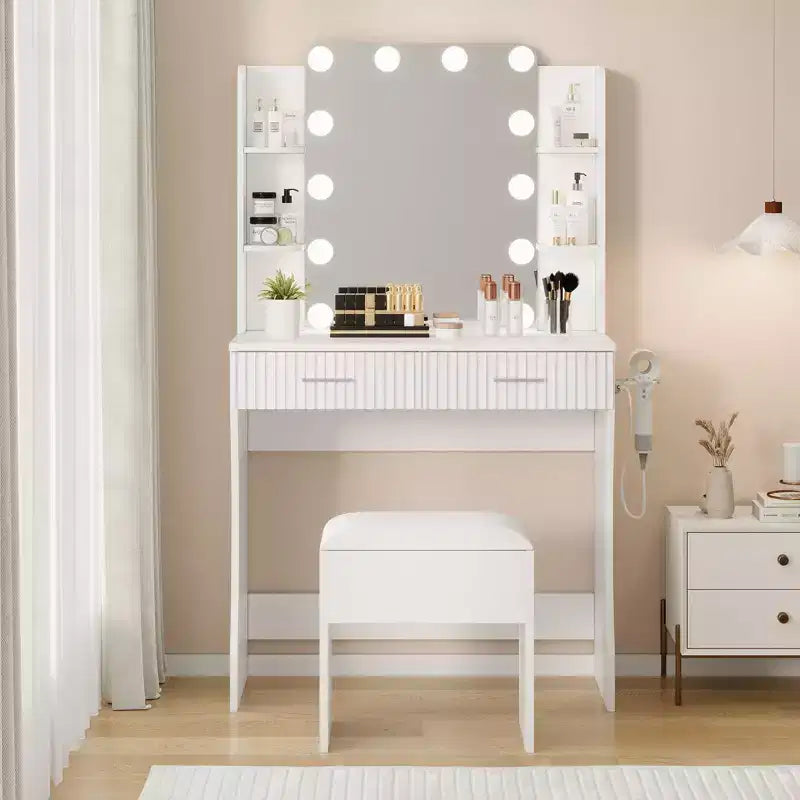 Coiffeuse avec miroir et lumières, table de maquillage avec 2 tiroirs, 6 étagères, support pour sèche-cheveux et tabouret, meuble de coiffeuse pour chambre à coucher