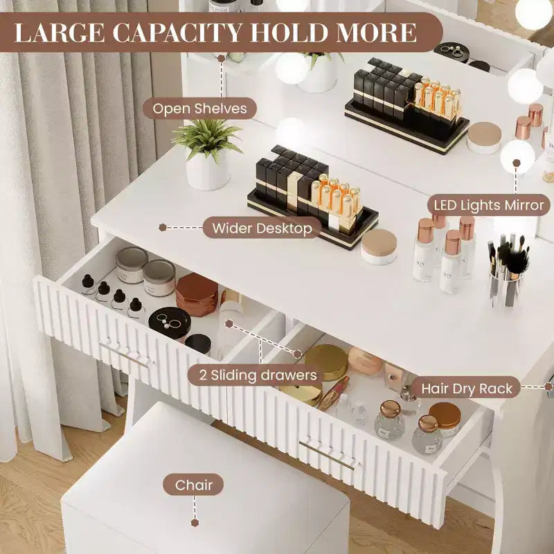 Coiffeuse avec miroir et lumières, table de maquillage avec 2 tiroirs, 6 étagères, support pour sèche-cheveux et tabouret, meuble de coiffeuse pour chambre à coucher