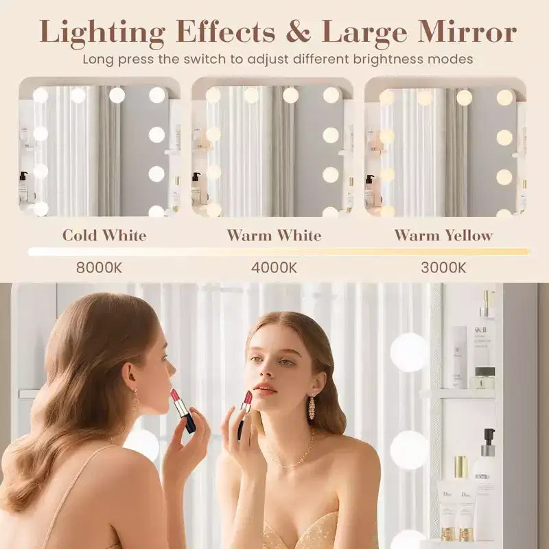 Coiffeuse avec miroir et lumières, table de maquillage avec 2 tiroirs, 6 étagères, support pour sèche-cheveux et tabouret, meuble de coiffeuse pour chambre à coucher